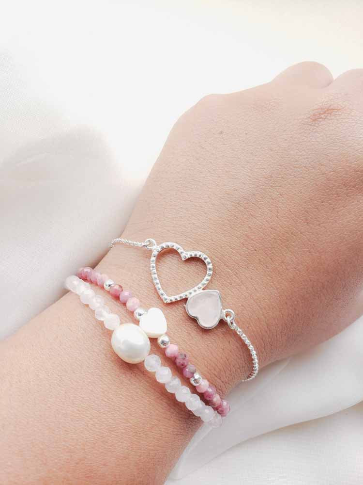 Pulsera Doble Corazón Cuarzo Rosa